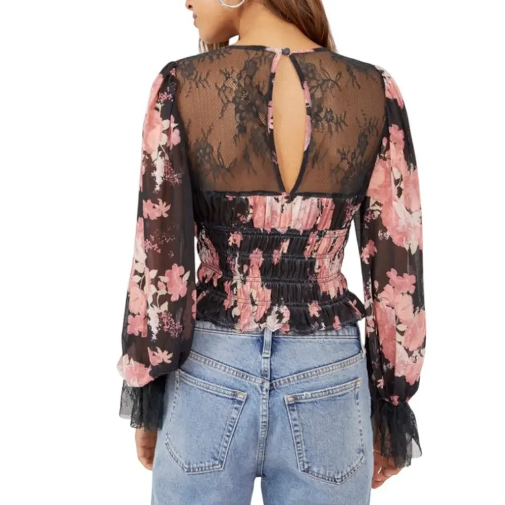 Free People Black Floral Midnight Combo Pink Daphne Blouse